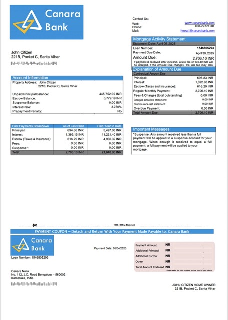 Download India Canara Bank mortgage statement Word and PDF template Photoshop template